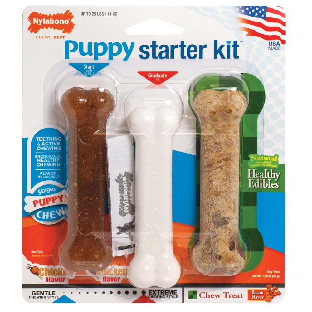 Nylabone Puppy Starter Kit Dog Chew Toys Treat Chicken Bacon, 1ea/SMall/Regular Up To 25 Ibs. 3 ct