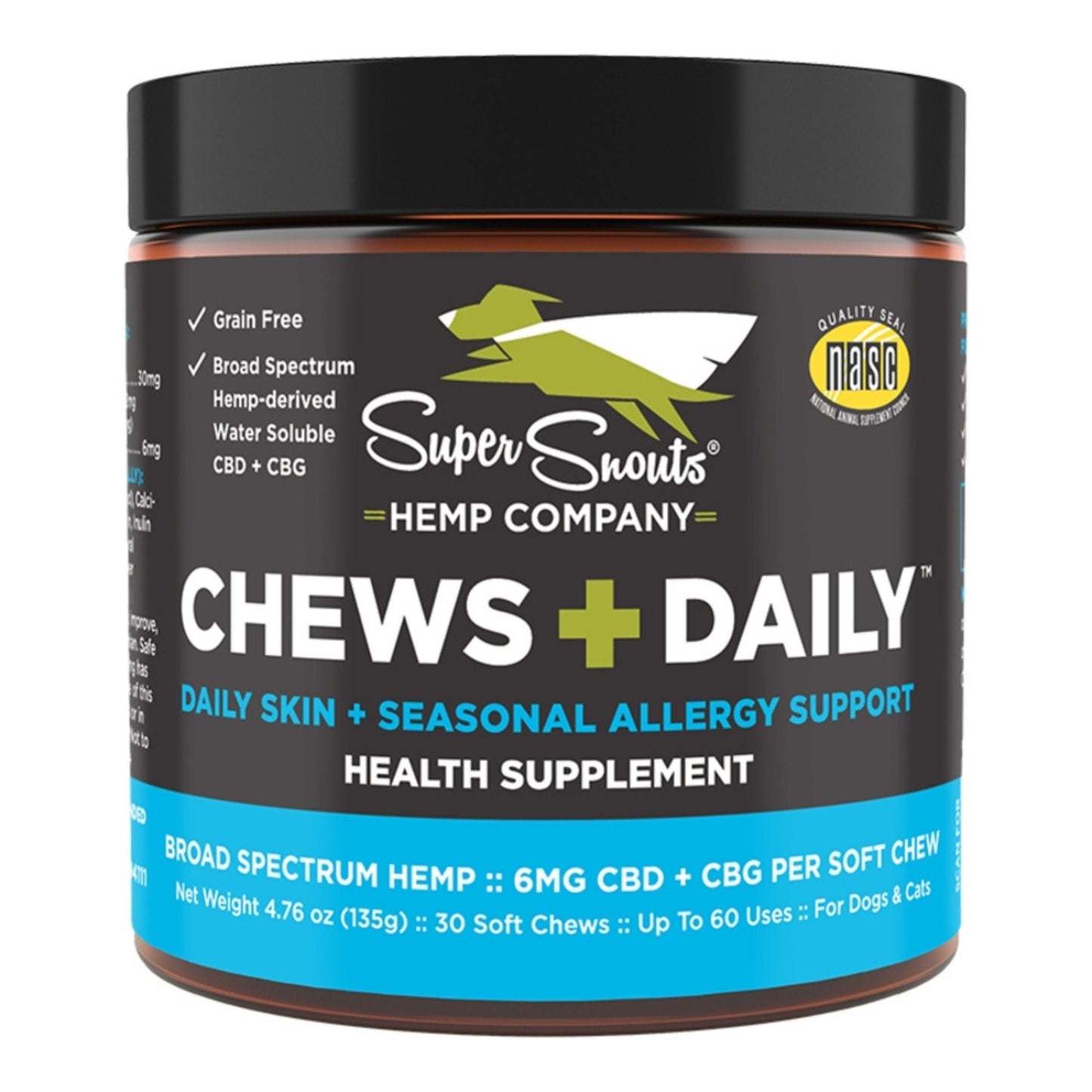 Super Snouts Dog & Cat Grain Free Chews + Daily Skin + Seasonal Allergy Support Hemp Chew - 30 Count