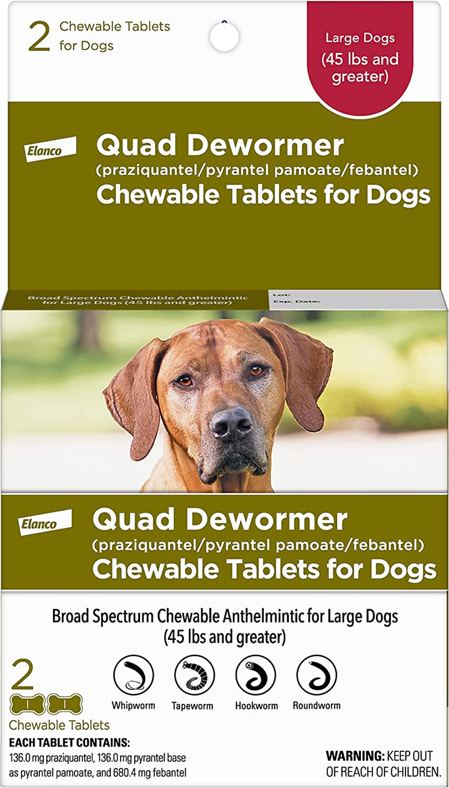 Elanco Chewable Quad Dewormer Large Dog Over 45lbs 2pk