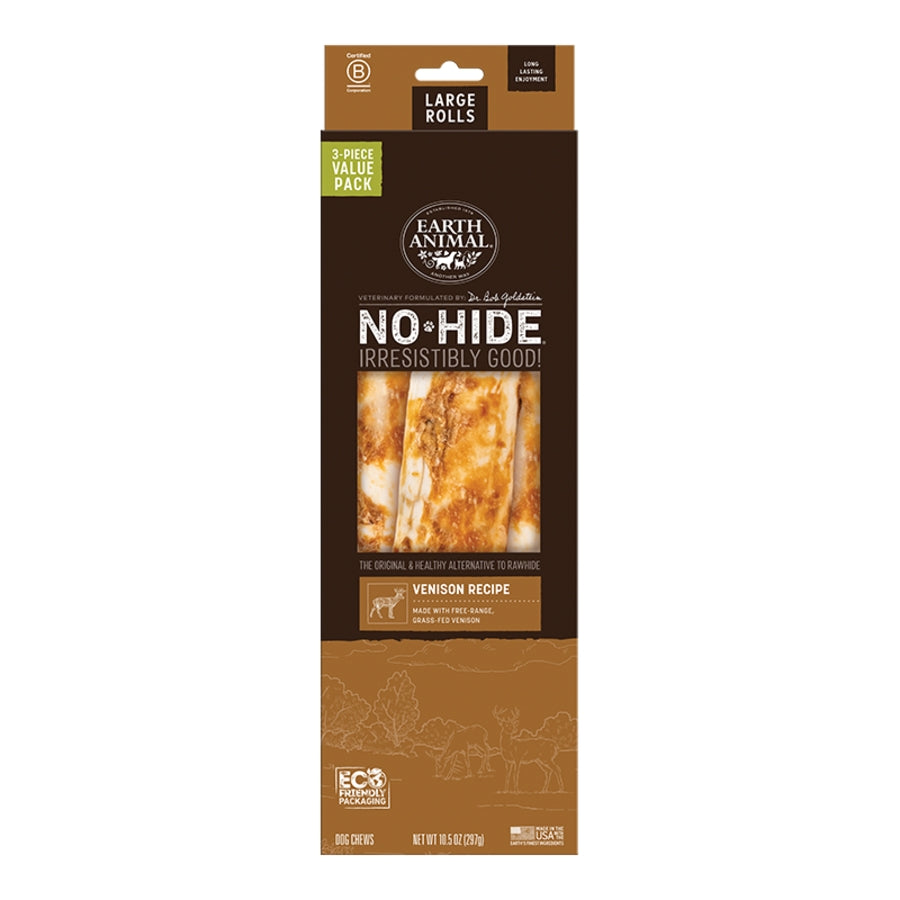 EARTH ANIMAL DOG NO-HIDE VENISON ROLLS LARGE VALUE 3 PACK