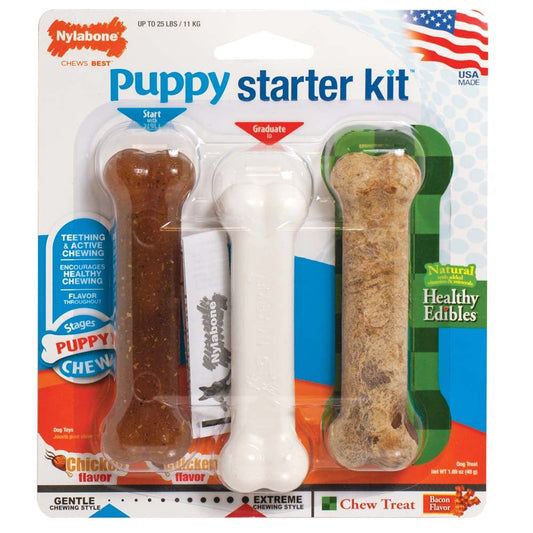 Nylabone Puppy Starter Kit Dog Chew Toys  Treat Chicken  Bacon, 1ea/SMall/Regular  Up To 25 Ibs. 3 ct