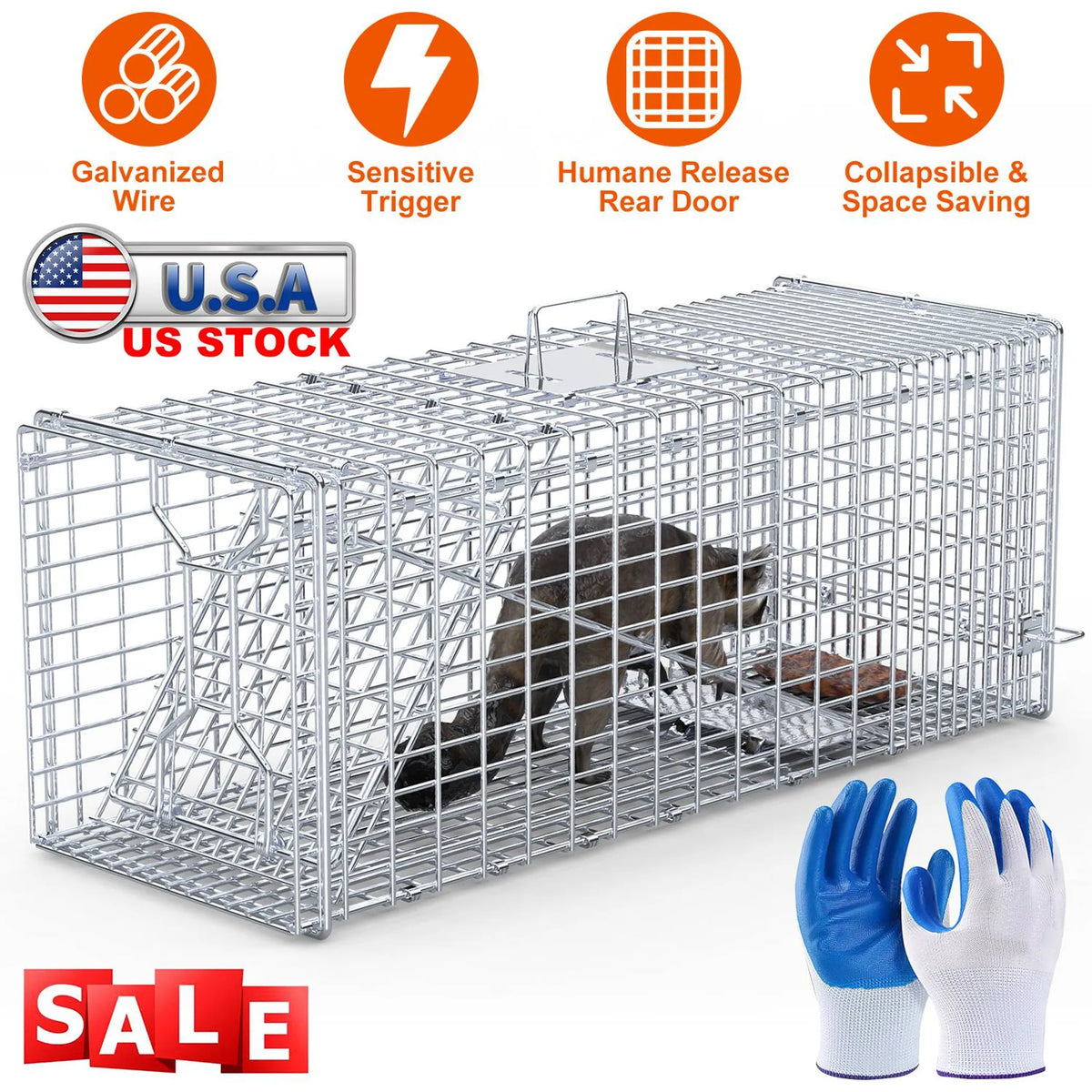 Live Animal Trap Cage 37x14x15in Folding Catch and Release Humane Cat Trap