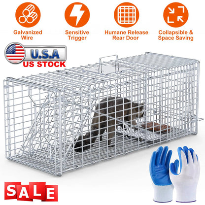 Live Animal Trap Cage 37x14x15in Folding Catch and Release Humane Cat Trap