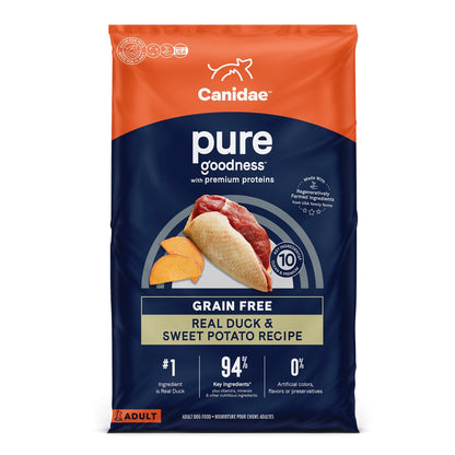 CANIDAE PURE Farm To Bowl GrainFree LID Dry Dog Food Duck  Sweet Potato, 1ea/4 lb